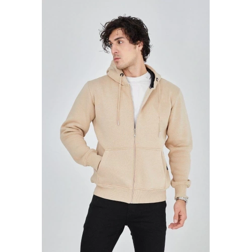 Erkek Kapüşonlu Düz Fermuarlı Hırka - Bej