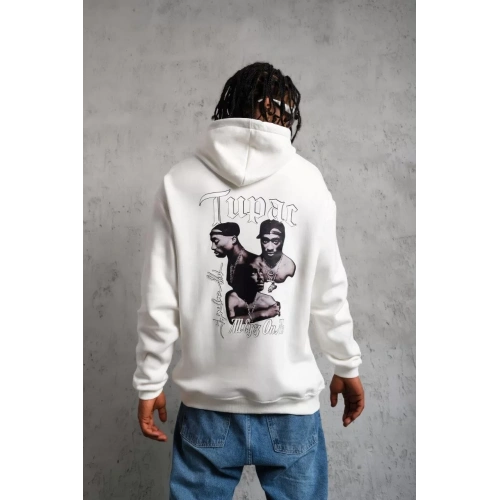 Erkek Kol ve Etek Ribana Baskılı Kapüşonlu Sweat - Beyaz