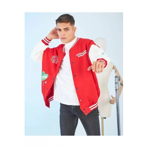 Erkek Kolları Yıldız Sırt Baskılı Oversize Kolej Ceket - Kırmızı