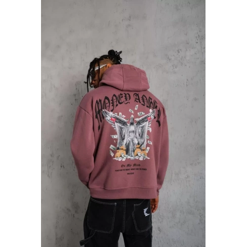 Erkek Kordon İpli Baskılı Kapüşonlu Sweatshirt - Gül Kurusu