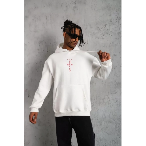 Erkek Kordonlu Arka Maske Kordon Saçlı Kapüşonlu - Beyaz