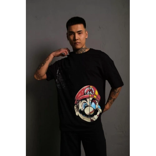 Erkek Mario Baskılı Oversize T-Shirt - Siyah