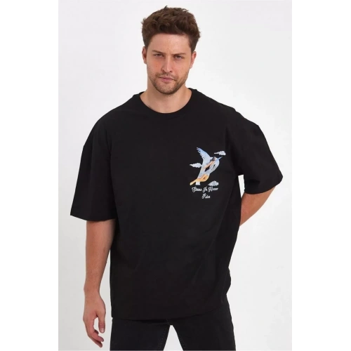 Erkek Melek Baskılı Oversize T-shirt - Siyah