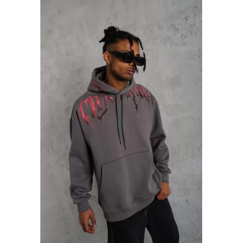 Erkek Ön ve Arka Baskılı Kapüşonlu 3 İplik Sweatshirt - Füme