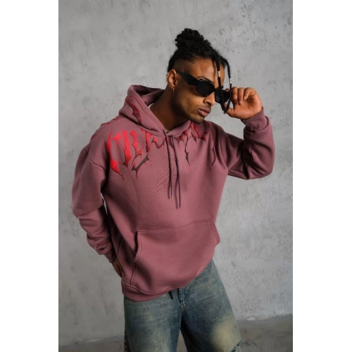 Erkek Ön ve Arka Baskılı Kapüşonlu 3 İplik Sweatshirt - Gül Kurusu