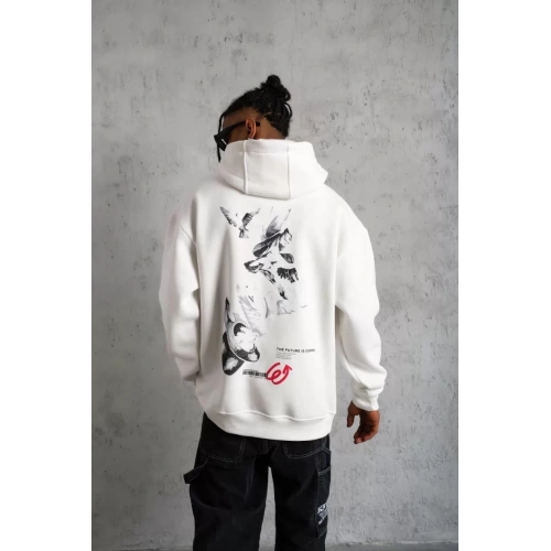 Erkek Şapkalı Güvercin Baskılı Kapşonlu Sweat - Beyaz