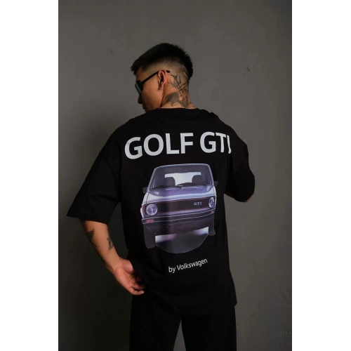 Erkek Sırt Baskılı Bisiklet Yakalı Oversize T-Shirt - Siyah