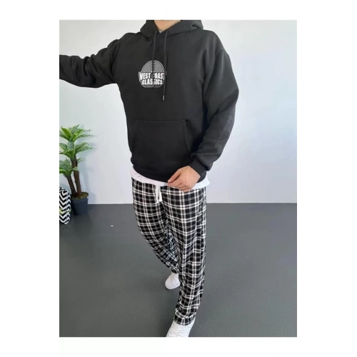 Erkek Sırt Baskılı Kapüşonlu Üç İplik Oversize Sweatshirt - Siyah