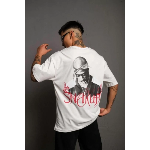 Erkek Sırt Baskılı Oversize T-Shirt - Beyaz