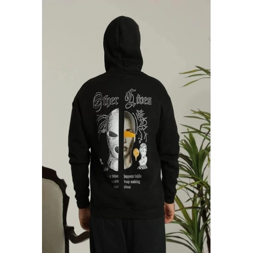 Erkek Sırt Baskılı Oversize Üç İplik Kapüşonlu Sweatshirt - Siyah