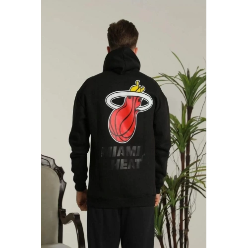 Erkek Sırt Baskılı Oversize Üç İplik Kapüşonlu Sweatshirt - Siyah