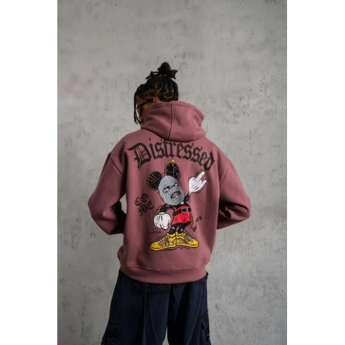 Erkek Üç İplik Baskılı Kapüşonlu Sweat - Gül Kurusu