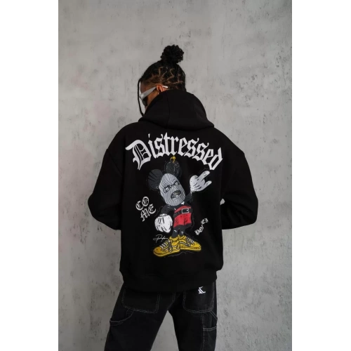 Erkek Üç İplik Baskılı Kapüşonlu Sweat - Siyah