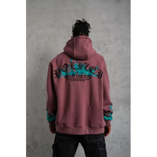 Erkek Üç İplik içi Pamuklu Alev Baskılı Kapüşonlu Sweatshirt - Gül Kurusu