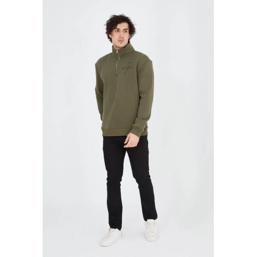 Erkek Yarım Fermuarlı Baskılı Sweat - Yeşil