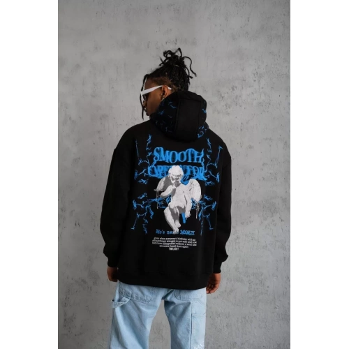 Erkek Yıldırım Baskılı Kapşonlu Sweat - Siyah