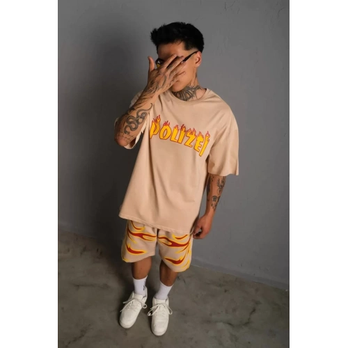 Erkek Alev Baskılı İkili Şortlu Takım - Bej