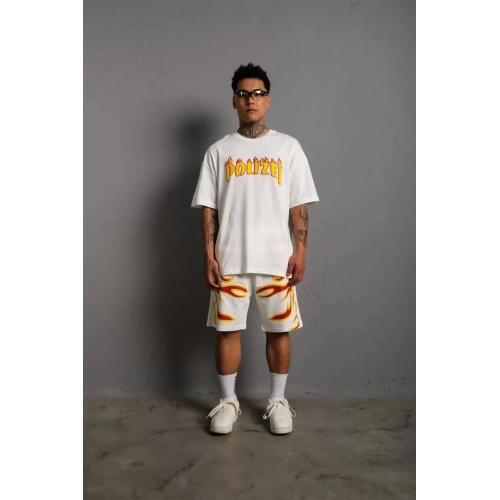 Erkek Alev Baskılı İkili Şortlu Takım - Beyaz