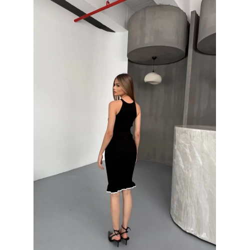 Fırfır Detaylı Triko Elbise- Siyah