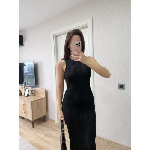 Fitilli Triko Elbise Maxi Uzun boy - Siyah