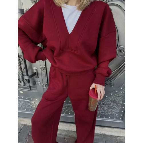 Geniş V Yaka Üç İplik Sweat Takım - Bordo