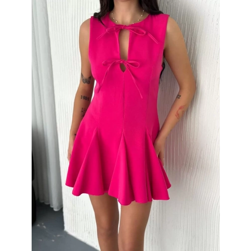 Göğüs Bağlamalı Kolsuz Mini Boy Elbise - Pembe