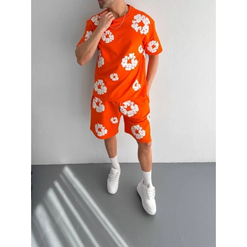 İki İplik Kumaş Baskılı T-shirt Şortlu Takım- Turuncu