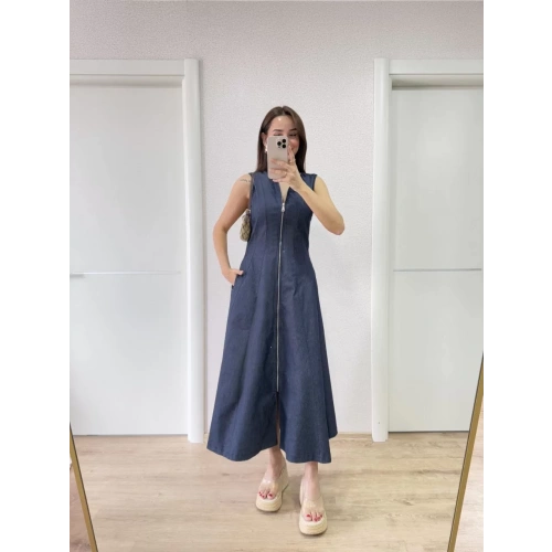 Jeans Kot Önü Tam Fermuarlı Uzun Elbise - Mavi
