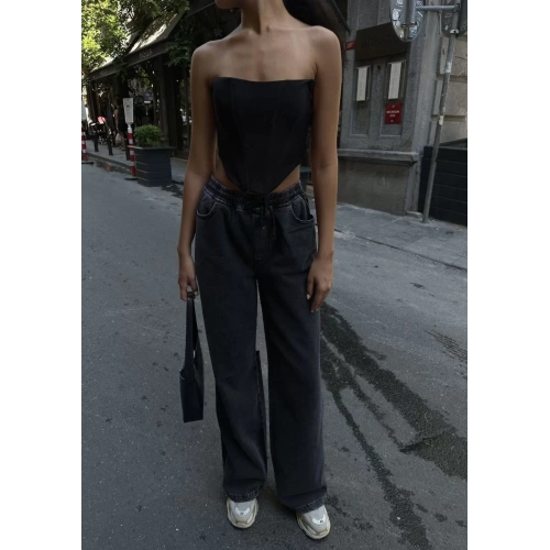 Kadın  Arkadan Yırtmaçlı Jeans Kot Palazzo Pantolon - Siyah