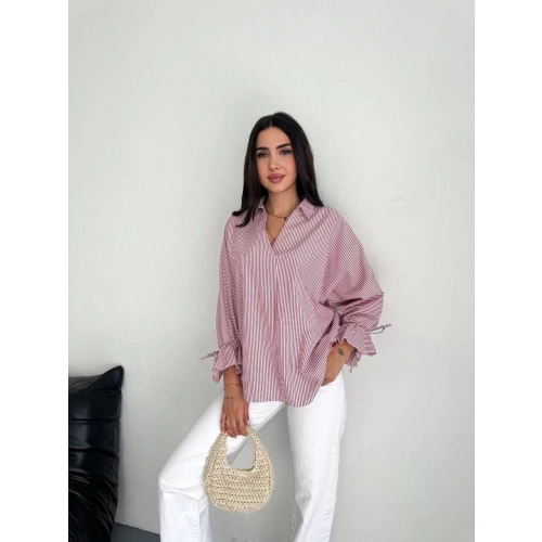 Kadın Arkası Asimetrik Yırtmaç Kesim Detaylı Cizgili Bluz Gömlek - Bordo