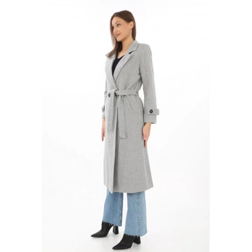 Kadın Astarlı Balık Sırtı Kaşmir Kaşe Kaban - Gri