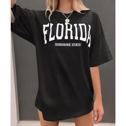 Kadın Bisiklet Yaka Baskılı T-shirt - Siyah