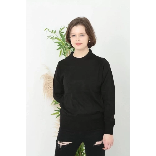 Kadın Bisiklet Yaka Düz Kazak - Siyah