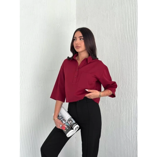 Kadın Crop Yakalı Gömlek Üç Çeyrek Sleeve Kol - Bordo