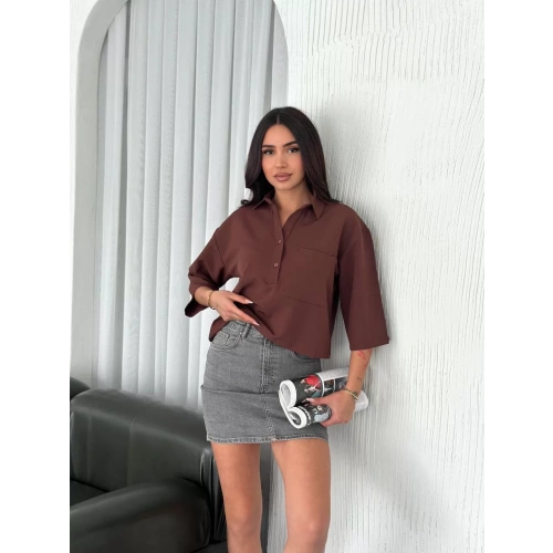 Kadın Crop Yakalı Gömlek Üç Çeyrek Sleeve Kol - Kahverengi