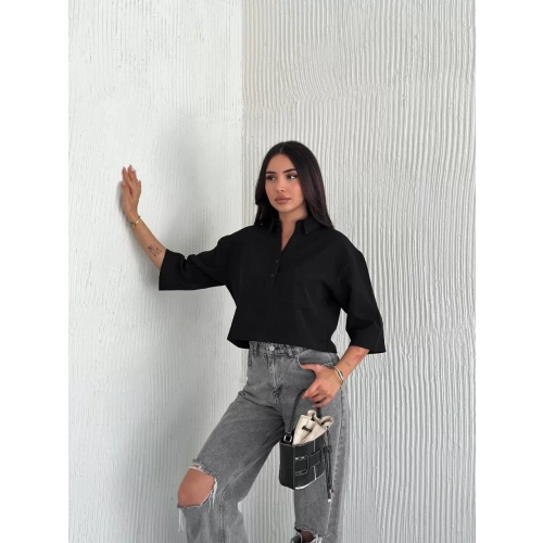 Kadın Crop Yakalı Gömlek Üç Çeyrek Sleeve Kol - Siyah