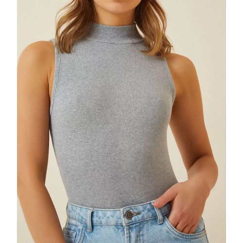 Kadın Full Likralı Fitilli Kaşkorse Body - Gri