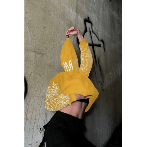 Kadın İki İplik Örümcek Baskılı Oversize Hırka - Sarı