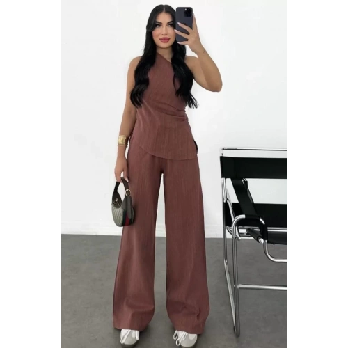 Kadın Keten Asimetrik Tek Omuzlu Bluz Pantalon Takım- Bordo