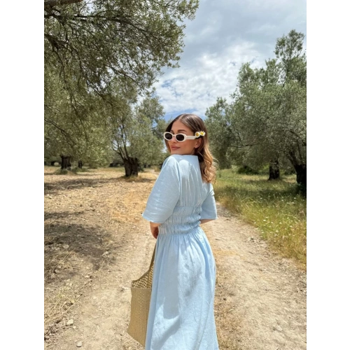 Kadın Keten Kısa Kollu uzun Elbise - Bebek Mavisi