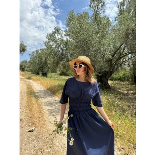 Kadın Keten Kısa Kollu uzun  Elbise - Lacivert