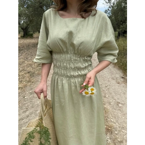 Kadın Keten Kısa Kollu uzun Elbise - Mint Yeşili