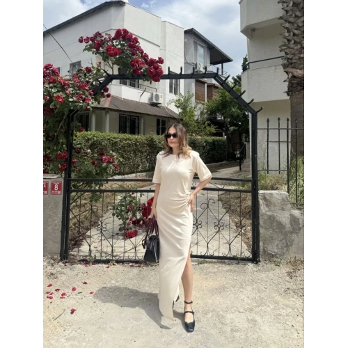 Kadın Kısa Kollu Uzun Yandan Yırtmaçlı Elbise - Beyaz