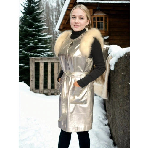 Kadın Kolsuz Hakiki Deri Kürk - Gri