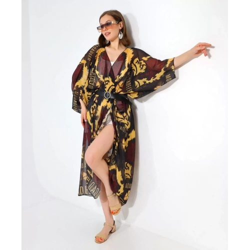 Kadın Rahat Kesim Kemerli Şifon Kimono - Kahve