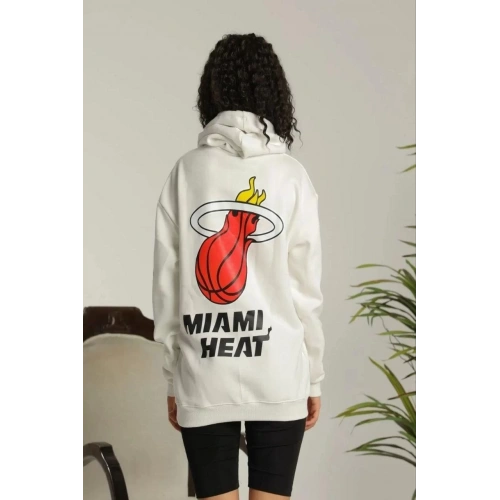 Kadın Sırt Baskılı Oversize Üç İplik Kapüşonlu Sweatshirt - Beyaz