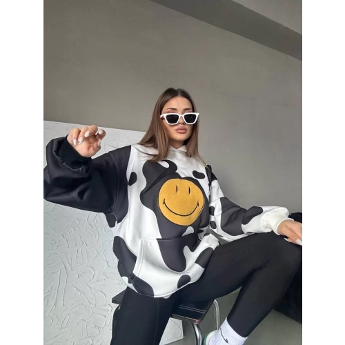 Kadın Smiley Face Kapüşonlu Sweatshirt - Siyah