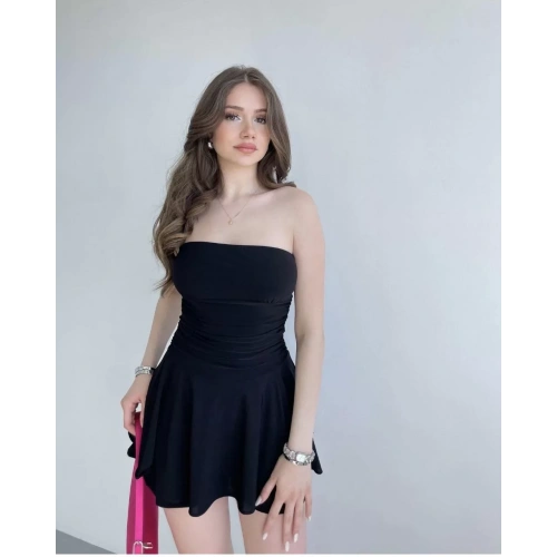 Kadın Straplez Sandy Kumaş Şortlu Prenses Etek Mini Klos Elbise- Siyah