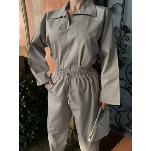 Kadın Uzun Kollu Yakalı Gömlek Pantalon Takım- Gri