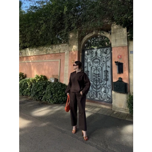 Kadın Uzun Kollu Yakalı Gömlek Pantalon Takım- Kahverengi